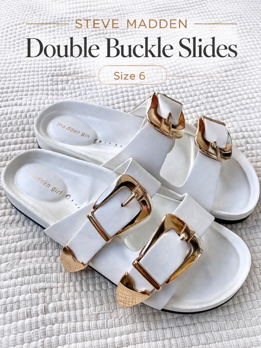 Steve Madden White Double Buckle Slide Sandals Size 6
